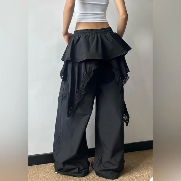 Street Y2K Punk Nylon & Lace Skirt Wide Leg Pants Combo Black S Whimsigoth - Picture 2 of 16